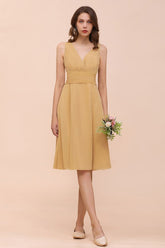 Vestido mini dorado de dama de honor de gasa, vestido informal diario, sin mangas, cuello en V